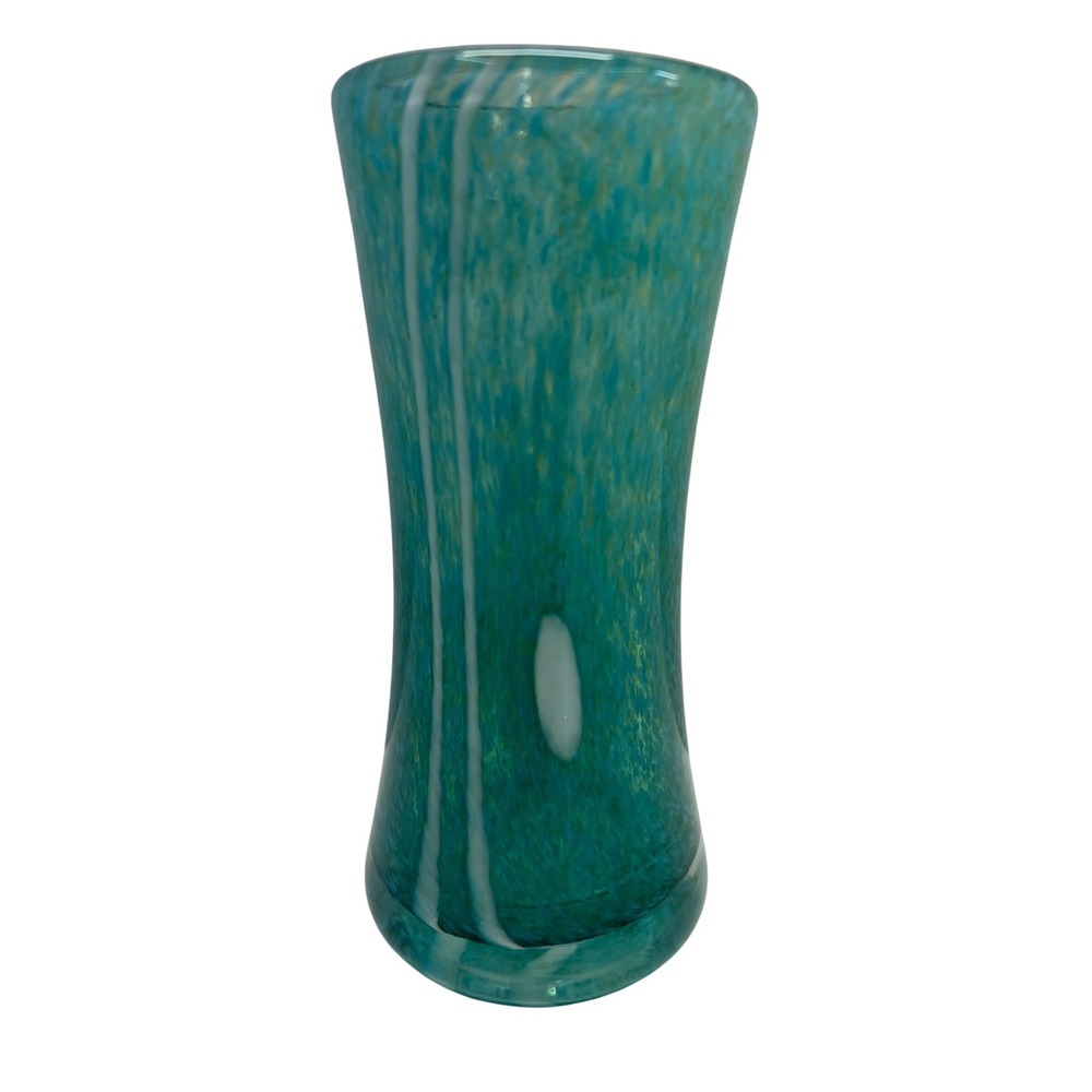 Hand Blown Art Glass Vase Mottled Aqua White Overlays Stretched Tapered Heavy